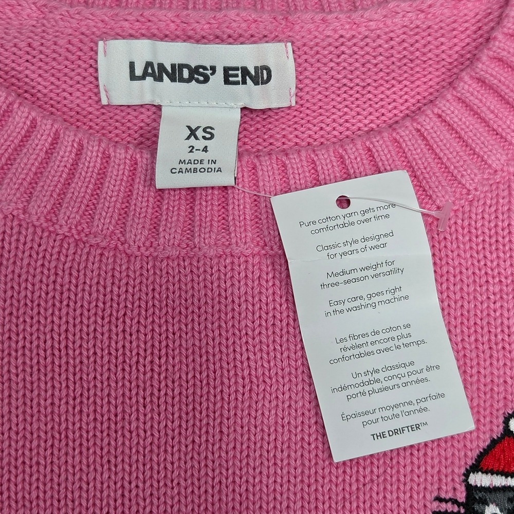 Lands End Drifter Christmas Cat Sweater Womens XS Pink Red Striped Cotton Knit - Picture 2 of 7